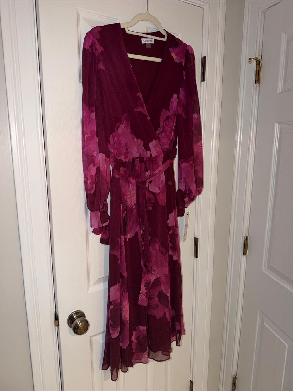 Calvin Klein Burgundy and Pink Floral Midi Wrap Dress